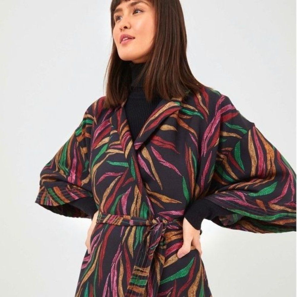 NWT FARM RIO Black Shiny Multicolor Leaf Print Mini Wrap Dress Size XS - Picture 4 of 7